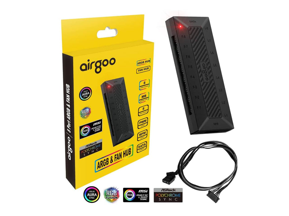 Airgoo PWN ARGB Fan Hub PC Case Fan Controller, 8 Port, 5V, 3-Pin, SATA Powered