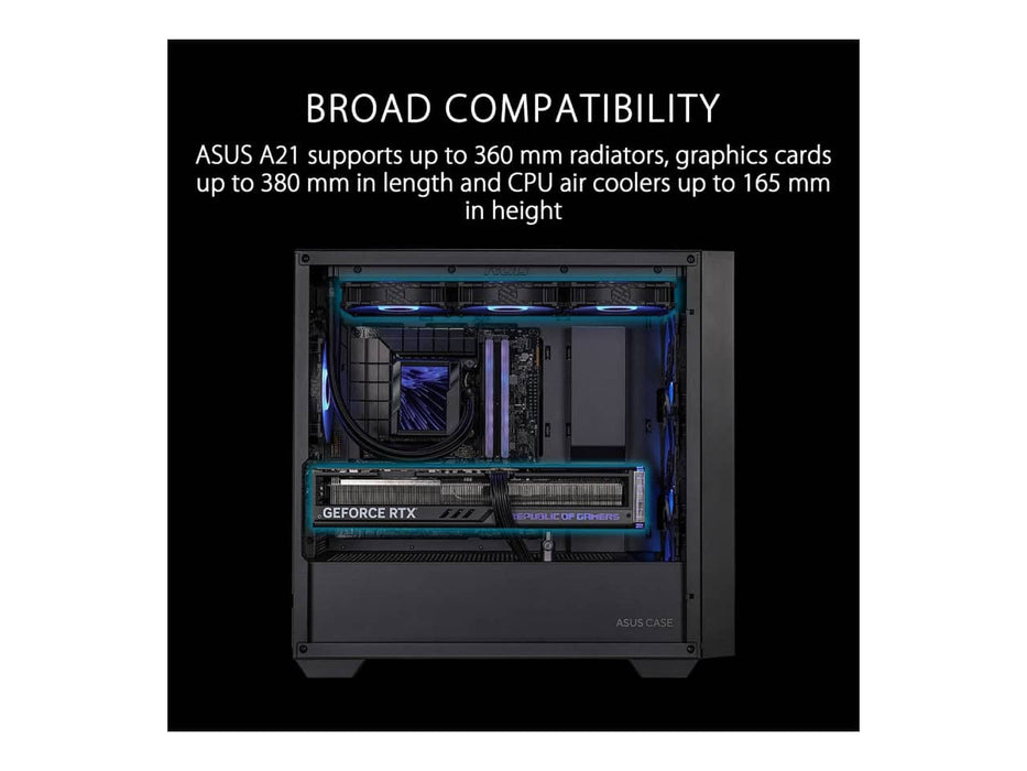 ASUS A21 Micro-ATX Black Edition Computer Case, 380mm Graphics Card Support, 360mm AIO Cooler Support (A21/BLK)