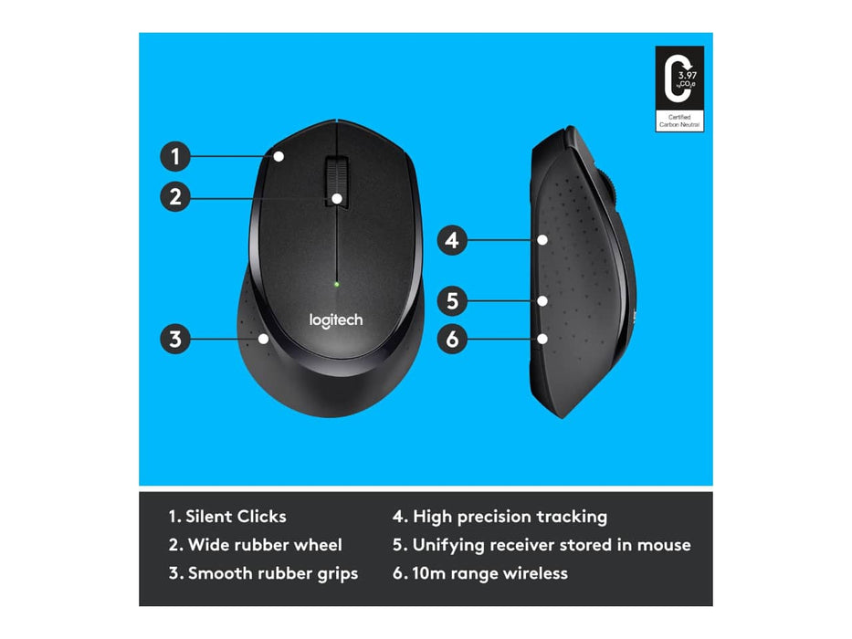 Logitech M330 Silent Plus Wireless Mouse, 2.4GHz USB Nano Receiver, 1000DPI Optical Tracking, Black