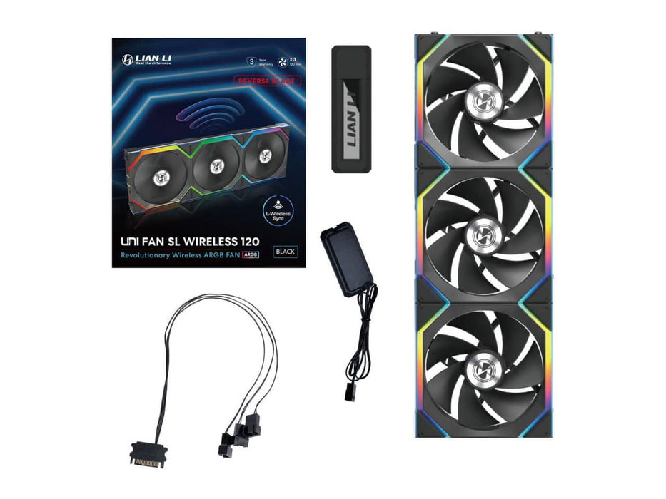 Lian Li UNI Fan SL, Wireless 120, Triple Pack (Reverse Blade) ARGB Case Fan, 2.4GHz Wireless Controller Included (12RSL1W3B)
