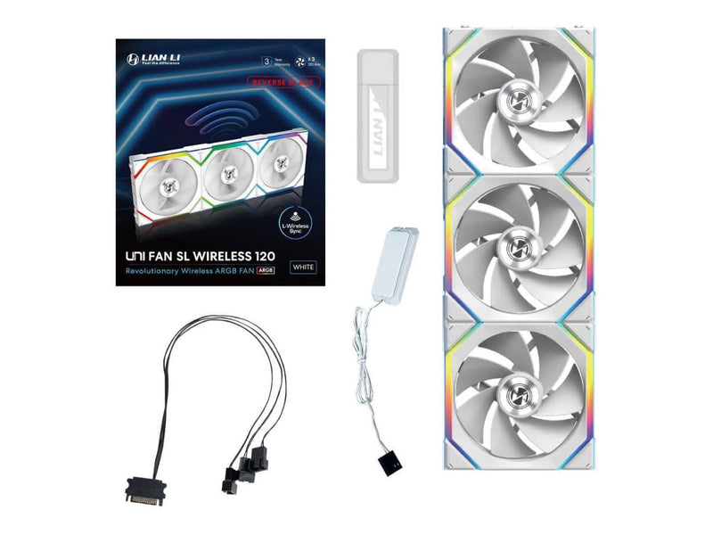 Lian Li UNI Fan SL, Wireless 120, Triple Pack (Reverse Blade) White ARGB Case Fan, 2.4GHz Wireless Controller Included (12RSL1W3W)