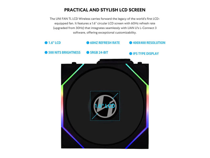 Lian Li UNI Fan TL - LCD Wireless 140 Case Fan, Single Pack (Reverse Blade), ARGB Fan, 140mm