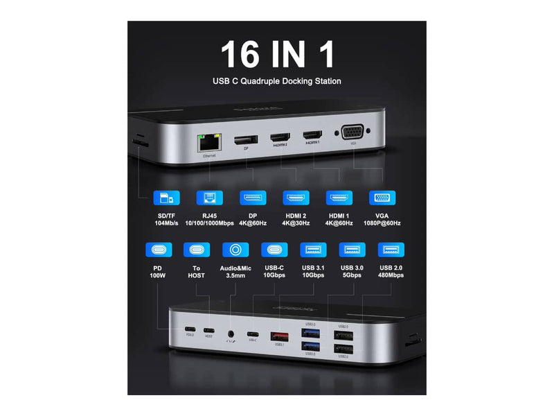 Selore USB-C Laptop Docking Station, 16 in 1, Dual Monitor Support, USB 3.1, USB-C for Data