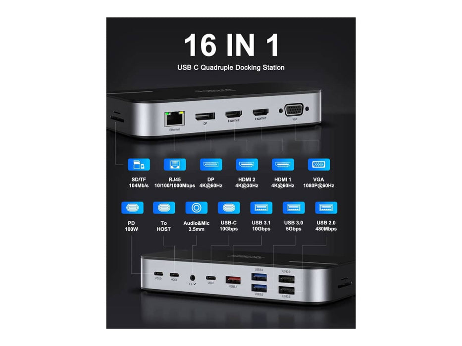 Selore USB-C Laptop Docking Station, 16 in 1, Dual Monitor Support, USB 3.1, USB-C for Data