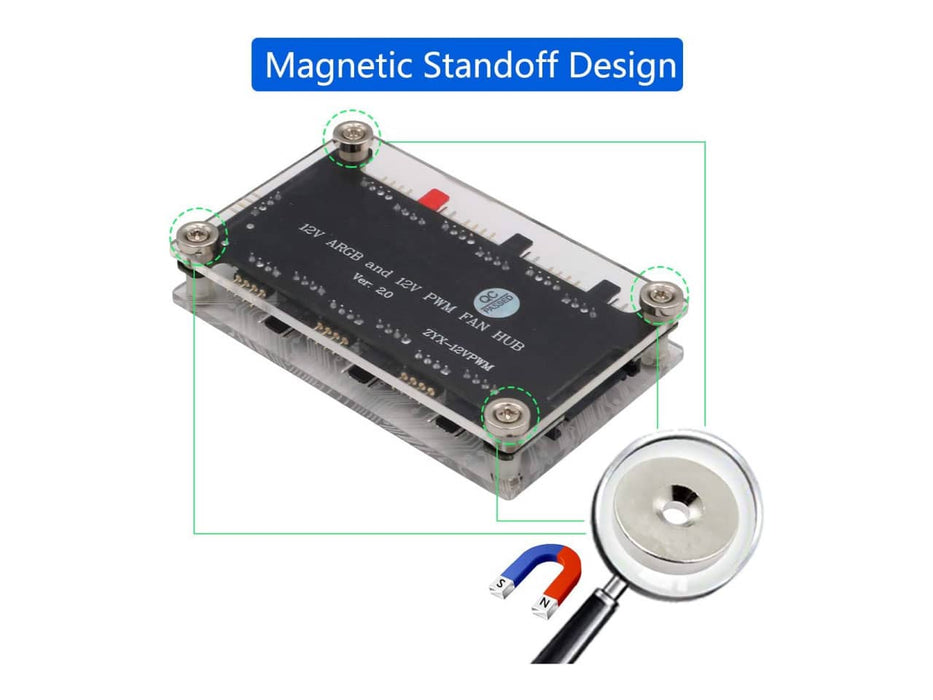 12V ARGB and 12V PWM Fan Hub with Acrylic Case and Magnetic Standoff