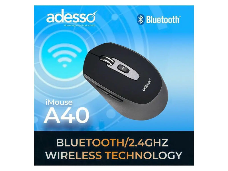 Adesso iMouse A40 Ergonomic Wireless Mouse, Bluetooth, 2.4Ghz Wireless