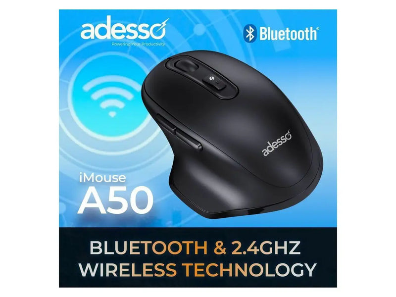 Adesso iMouse A50 Ergonomic Wireless Mouse, Bluetooth / 2.4Ghz w/ USB-C Receiver, Right Hand Design