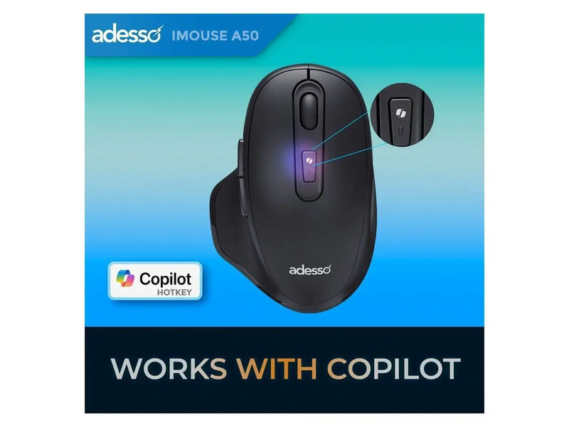 Adesso iMouse A50 Ergonomic Wireless Mouse, Bluetooth / 2.4Ghz w/ USB-C Receiver, Right Hand Design
