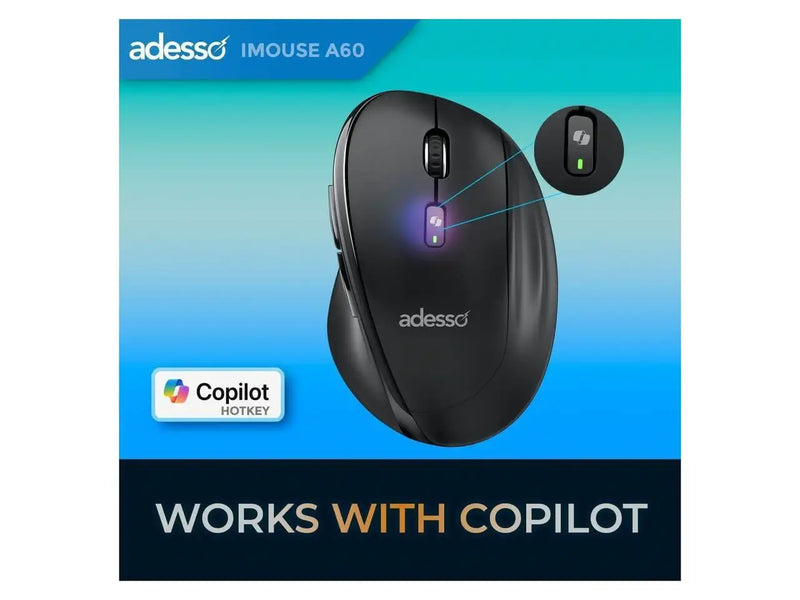 Adesso iMouse A60 Ergonomic Wireless Vertical Mouse, Bluetooth / 2.4Ghz Wireless with USB-A Receiver, Right Hand Design