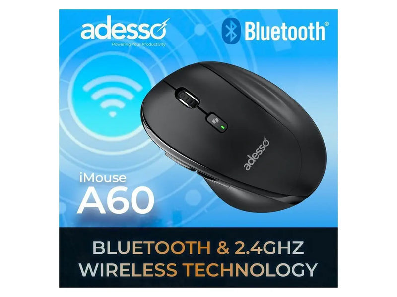 Adesso iMouse A60 Ergonomic Wireless Vertical Mouse, Bluetooth / 2.4Ghz Wireless with USB-A Receiver, Right Hand Design