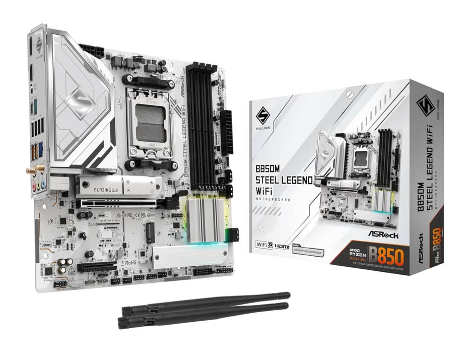 ASRock B850M Steel Legend WiFi Motherboard, AMD AM5 Ryzen, DDR5, mATX, White