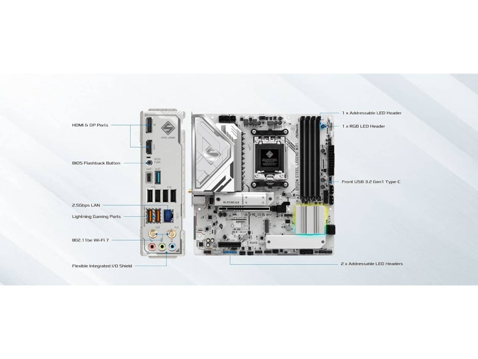 ASRock B850M Steel Legend WiFi Motherboard, AMD AM5 Ryzen, DDR5, mATX, White