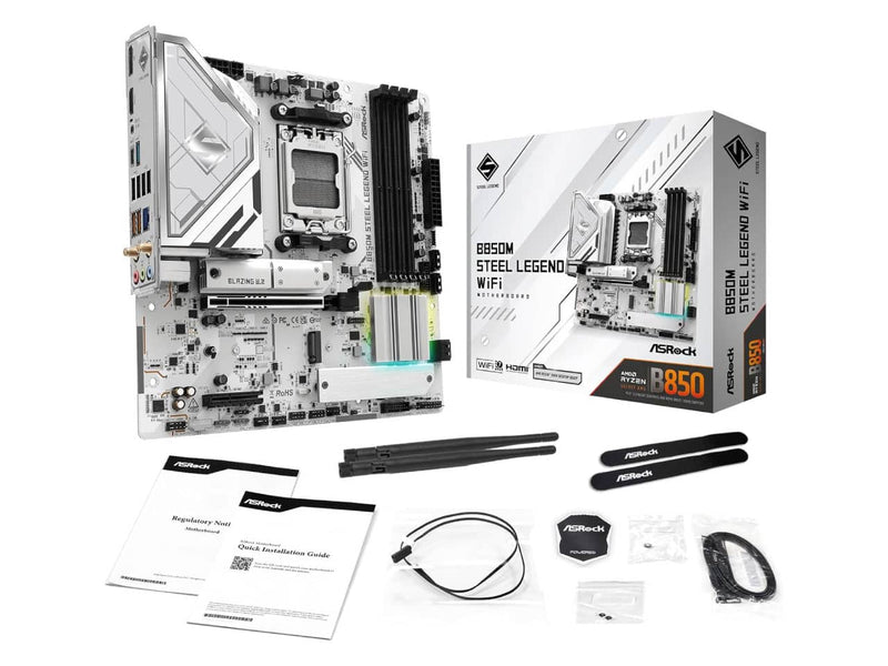 ASRock B850M Steel Legend WiFi Motherboard, AMD AM5 Ryzen, DDR5, mATX, White