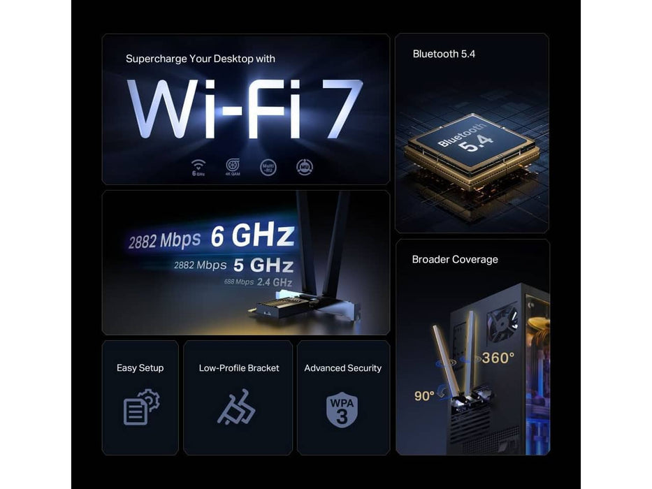 TP-Link BE6500 Wi-Fi 7 Network Adapter Card, Wi-Fi 7, Bluetooth, PCIe