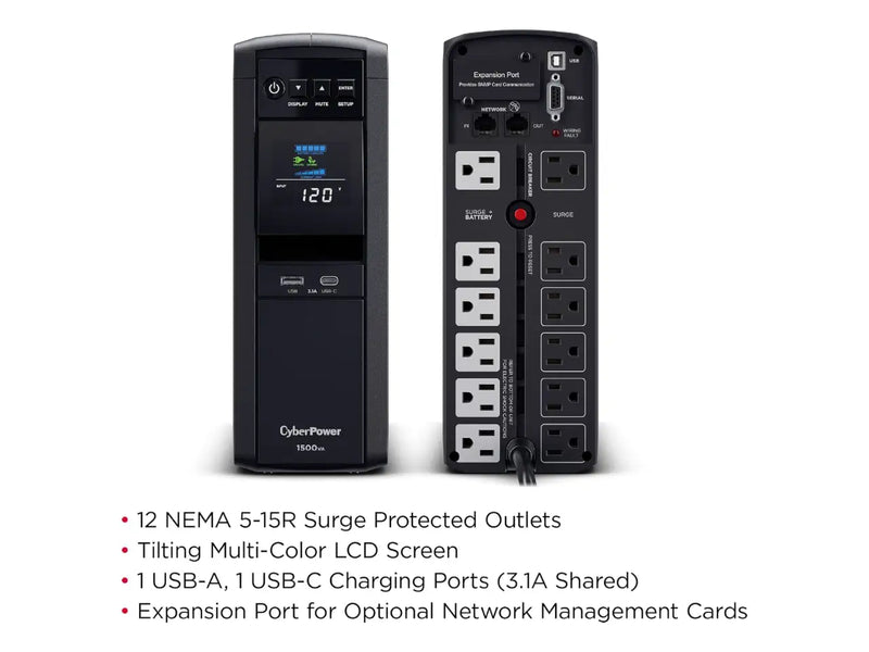 CyberPower PFC Sinewave UPS System, 1500VA/1000W, 12 Outlets, Mini Tower, Black (CP1500PFCLCD)