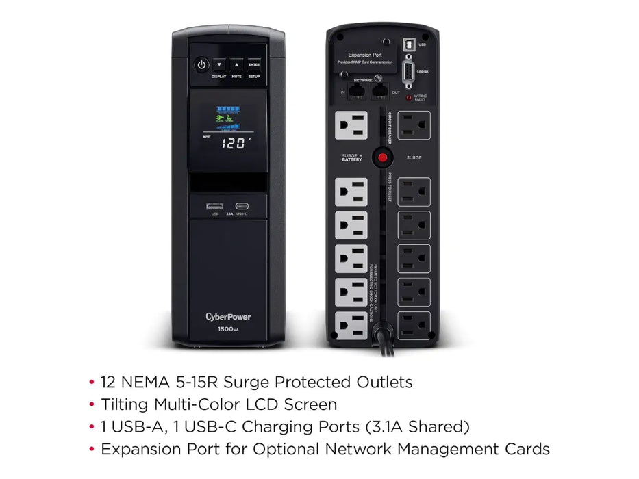 CyberPower PFC Sinewave UPS System, 1500VA/1000W, 12 Outlets, Mini Tower, Black (CP1500PFCLCD)