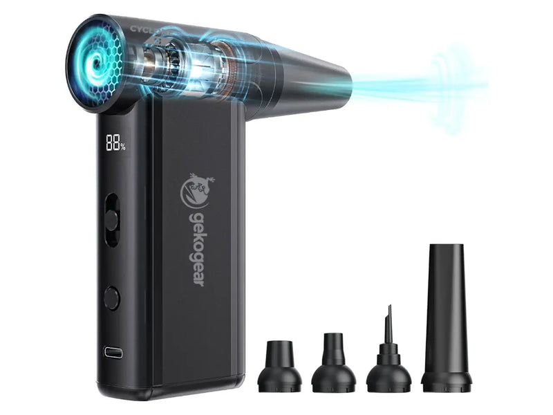 GekoGear Cyclone F1 Cordless 2-Way Air Blower, 110,000 RPM Brushless Motor, 8 Speed, Rechargeable USB-C, 5 Nozzles, LED Display