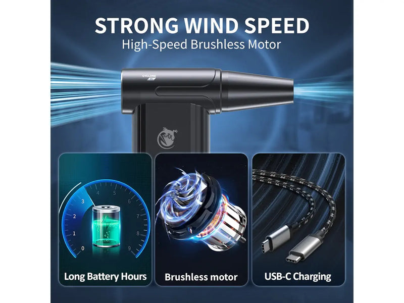 GekoGear Cyclone F1 Cordless 2-Way Air Blower, 110,000 RPM Brushless Motor, 8 Speed, Rechargeable USB-C, 5 Nozzles, LED Display