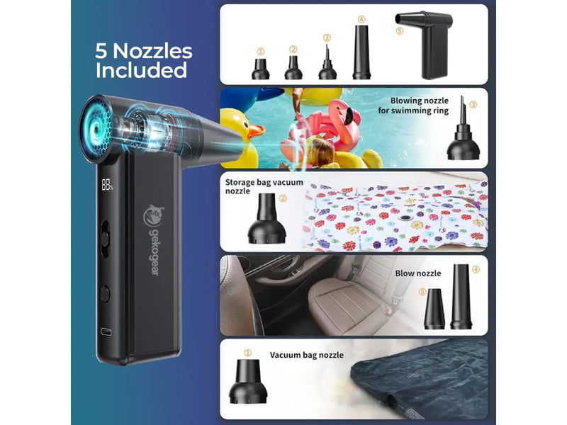 GekoGear Cyclone F1 Cordless 2-Way Air Blower, 110,000 RPM Brushless Motor, 8 Speed, Rechargeable USB-C, 5 Nozzles, LED Display