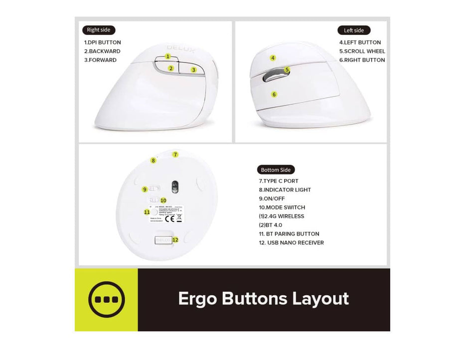 Delux Left-Handed Vertical Ergonomic Wireless Mouse