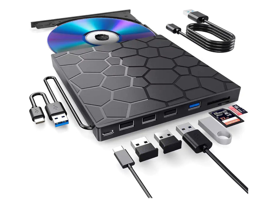 External Portable CD/DVD Drive, 8 in 1 USB 3.0, Ultra Slim
