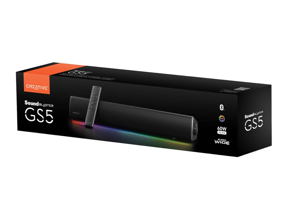 Creative Sound Blaster GS5 Gaming Soundbar, SuperWide technology, Optical In, USB-C, AUX, and Bluetooth 5.3, Headphone Out, RGB