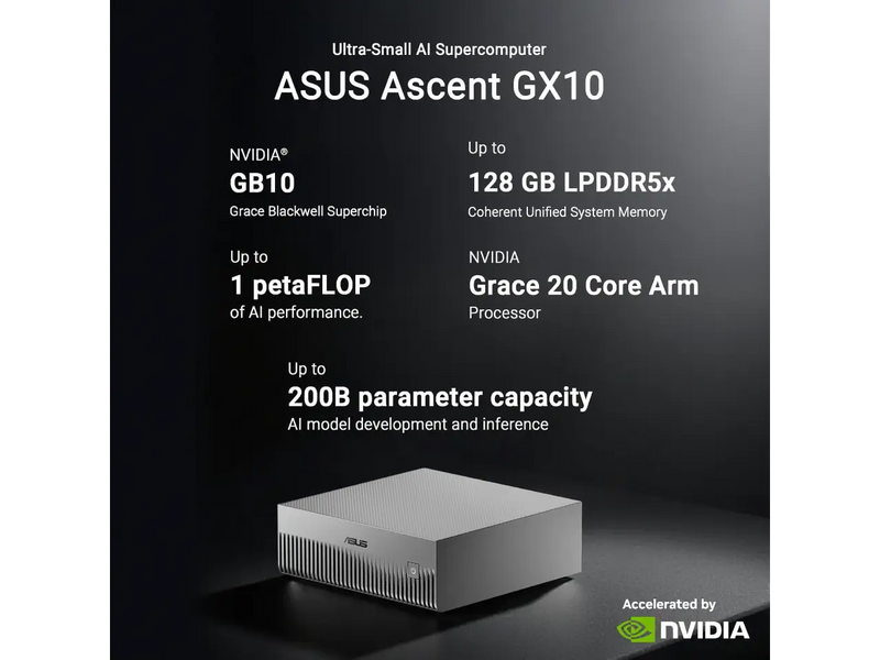 ASUS Ascent GX10 4TB AI Supercomputer, NVIDIA GB10 Superchip, 128GB LPDDR5x, 4TB PCIe Gen5 NVMe SSD, Wi-Fi 7 (GX10-GG0016BN)