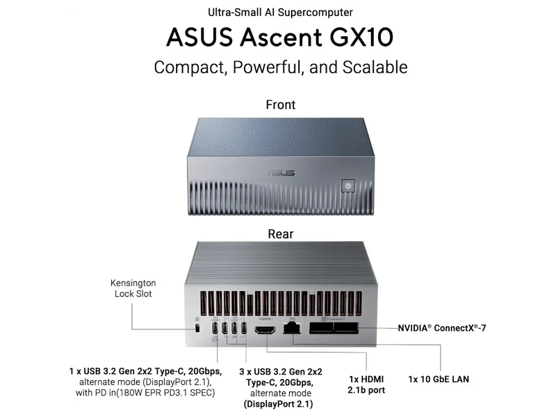 ASUS Ascent GX10 4TB AI Supercomputer, NVIDIA GB10 Superchip, 128GB LPDDR5x, 4TB PCIe Gen5 NVMe SSD, Wi-Fi 7 (GX10-GG0016BN)