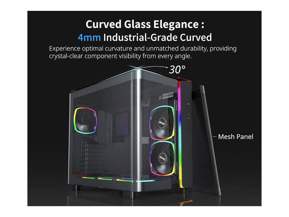 Montech King 95 Pro Dual Chamber Gaming Case, ATX Mid-Tower, High-Airflow, Curved Tempered Glass Front (Black)