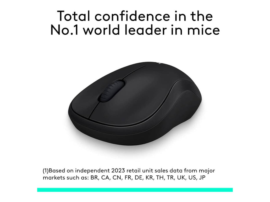 Logitech M185 Wireless Mouse, 2.4GHz, 12-month battery life, 1000DPI, Ambidextrous, Black