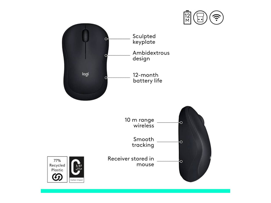 Logitech M185 Wireless Mouse, 2.4GHz, 12-month battery life, 1000DPI, Ambidextrous, Black
