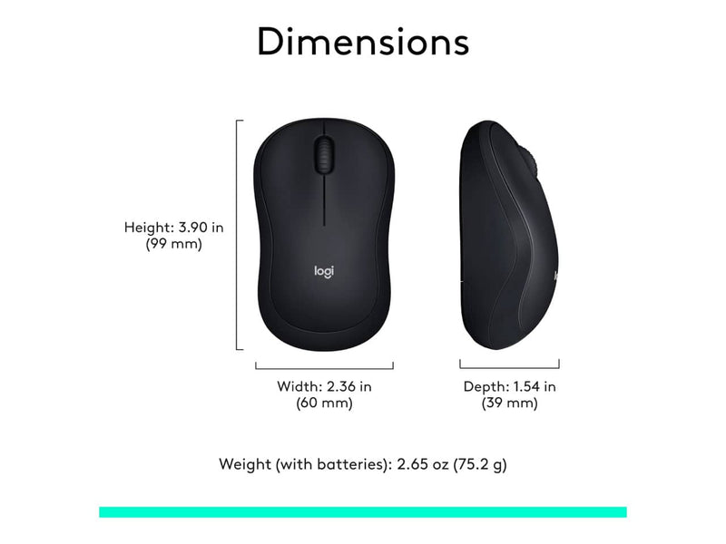 Logitech M185 Wireless Mouse, 2.4GHz, 12-month battery life, 1000DPI, Ambidextrous, Black