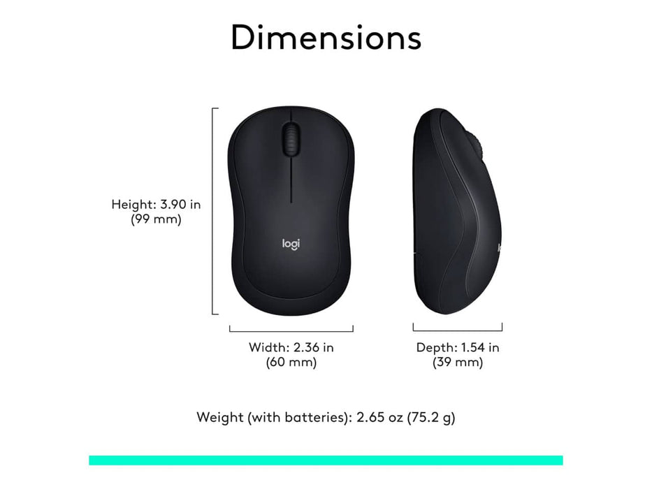 Logitech M185 Wireless Mouse, 2.4GHz, 12-month battery life, 1000DPI, Ambidextrous, Black