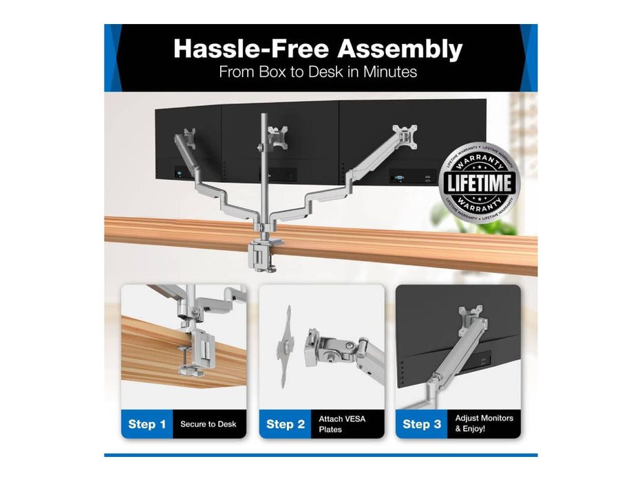 Mount-It! Triple Monitor Mount, Fits 3 Displays up to 32-Inch, Features a USB-A, USB-C, and AUX Port in Base