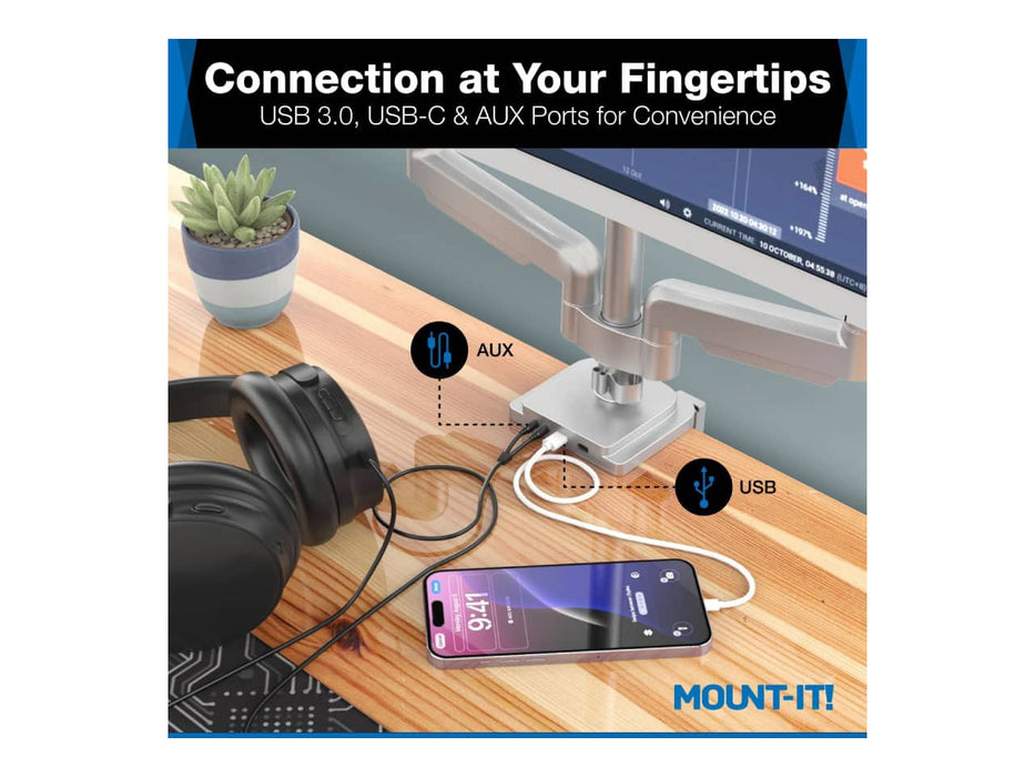 Mount-It! Triple Monitor Mount, Fits 3 Displays up to 32-Inch, Features a USB-A, USB-C, and AUX Port in Base