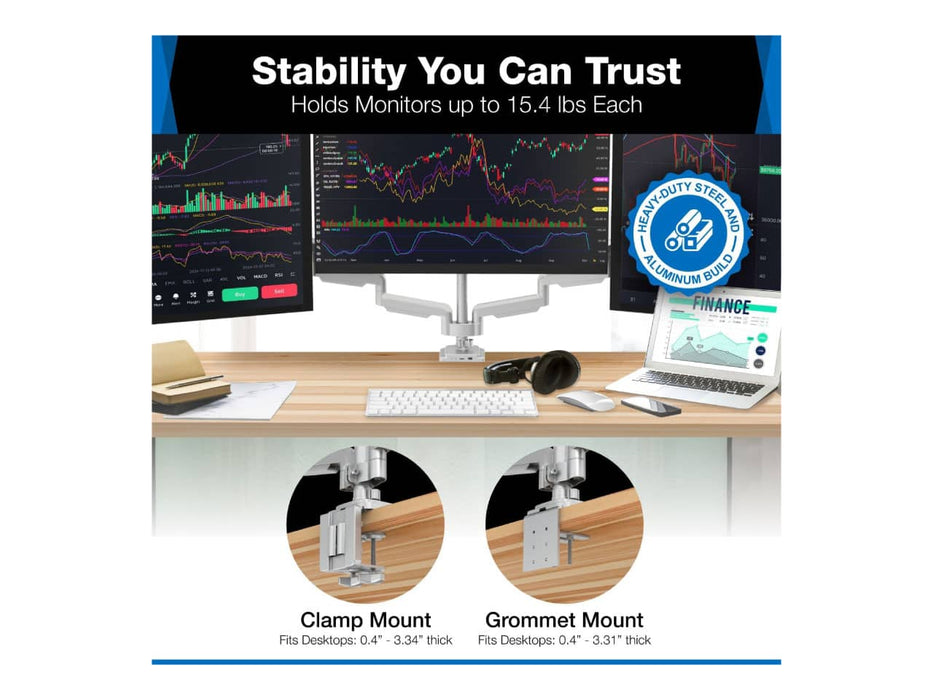 Mount-It! Triple Monitor Mount, Fits 3 Displays up to 32-Inch, Features a USB-A, USB-C, and AUX Port in Base