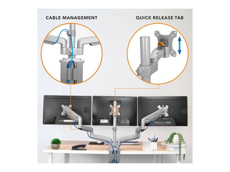 Mount-It! Triple Monitor Mount, Fits 3 Displays up to 32-Inch, Features a USB-A, USB-C, and AUX Port in Base