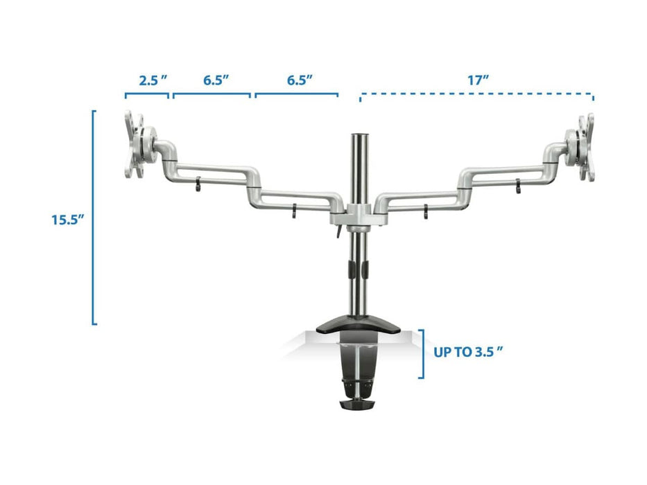 Mount-It! Dual Monitor Mount, 2 Full Motion Arms For Up to Two 27-inch Monitors, Silver