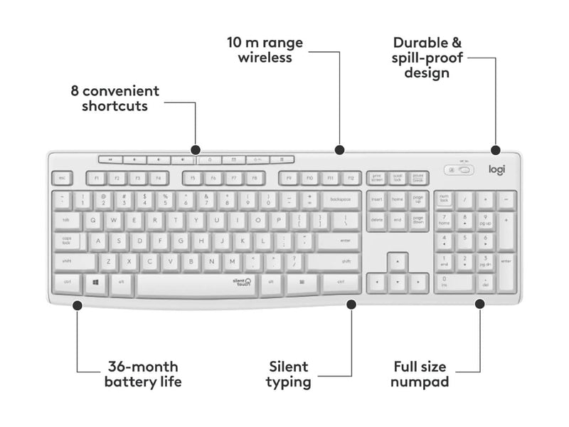 Logitech MK295 Wireless Mouse & Keyboard Combo, SilentTouch Technology, Full Numpad, 90% Noise Reduction, Off-White