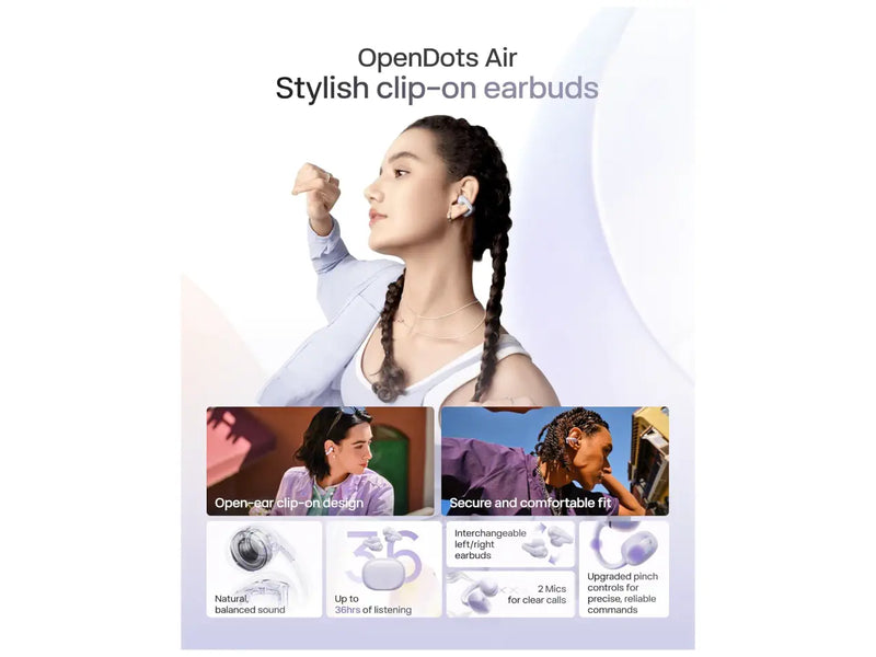 SHOKZ OpenDots Air Open-Ear Clip-On Earbuds, Bluetooth 6.1, Up to 36 Hours of Battery, Interchangeable, Touch Controls, Dual AI Noise-Canceling Microphones