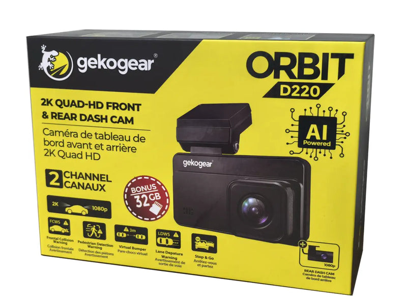 GekoGear Orbit D220 2K Quad HD AI Front and Rear Dash Cam, 2k Front Camera, Full HD (1080p) Rear Camera