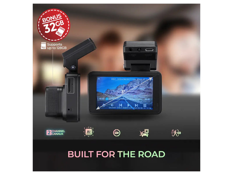 GekoGear Orbit D220 2K Quad HD AI Front and Rear Dash Cam, 2k Front Camera, Full HD (1080p) Rear Camera