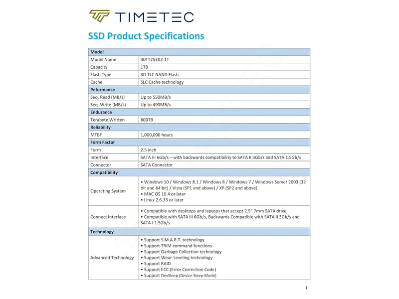 Timetec Premium 1TB 2.5" SATA III Solid State Drive