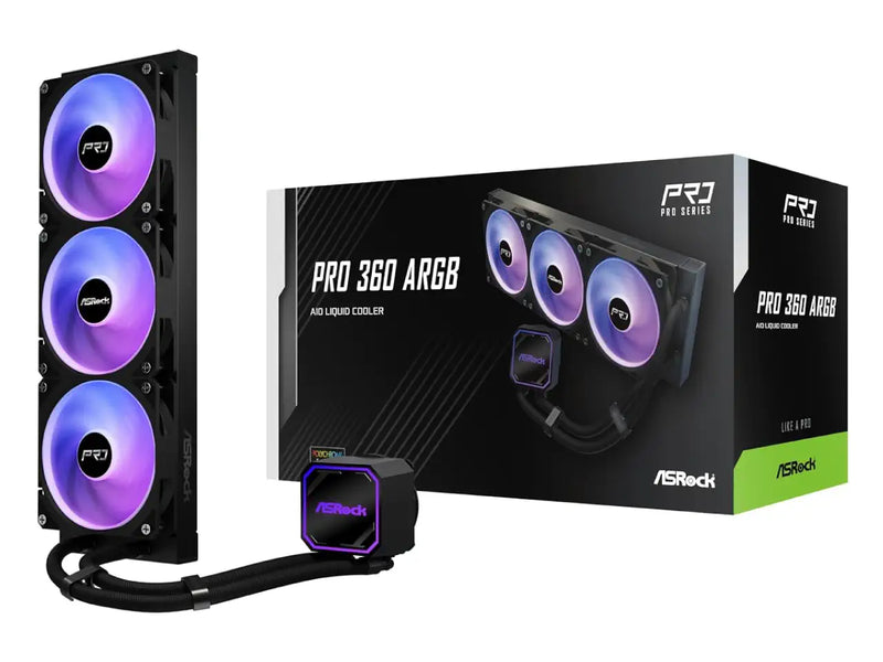 ASRock Pro 360 ARGB AIO CPU Liquid / Water Cooler, 360mm Radiator, Addressable RGB, AMD / Intel Compatible, Black