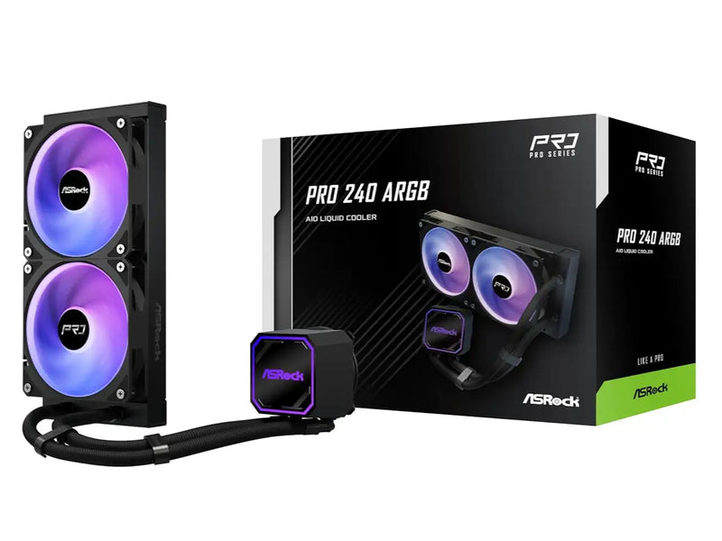 ASRock Pro 240 ARGB AIO CPU Liquid / Water Cooler, 240mm Radiator, Dynamic ARGB Lighting, 3 Phase Pump, Black
