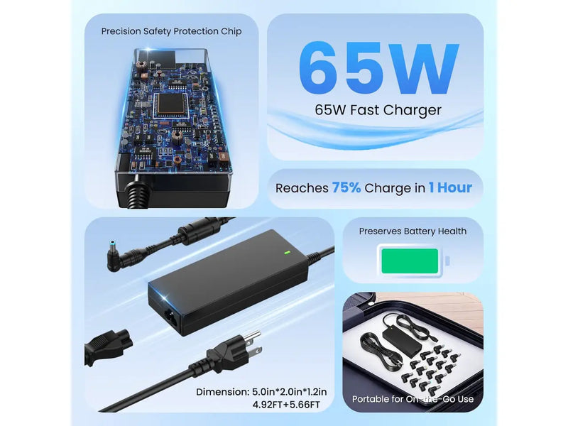 Rolada 65W Universal Laptop Charger, 15 Connectors, Supports Dell / HP / Lenovo / Acer / ASUS / Samsung / Toshiba