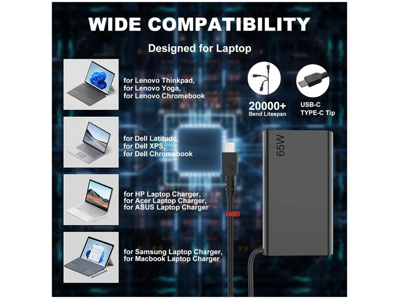 Slim 65W USB-C Laptop Charger for Lenovo Laptops
