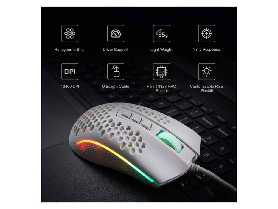 Redragon Storm M808 Wired RGB Gaming Mouse, Honeycomb Shell, White