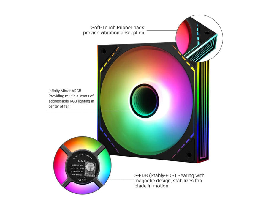 Thermalright 120mm ARGB Case Fan, Mirror Light Effect, 4pin PWM, Black (TL-M12-S)