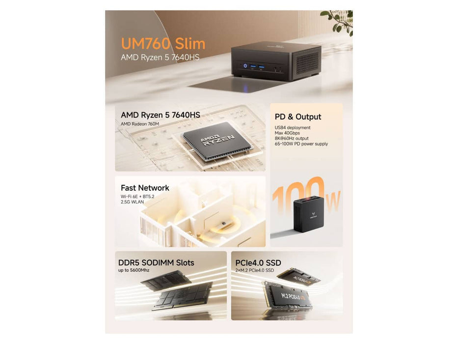 MINISFORUM UM760 Slim Mini PC, AMD Ryzen 5 7640HS, 16GB DDR5, 1TB SSD, AMD Radeon 760M